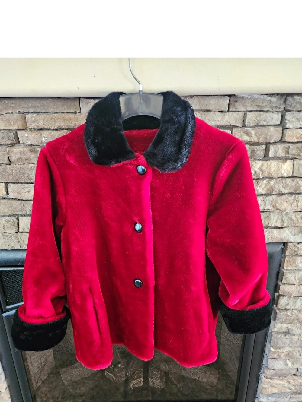 Vintage Plush Red Teddy Jacket with Black Faux Fur Collar
